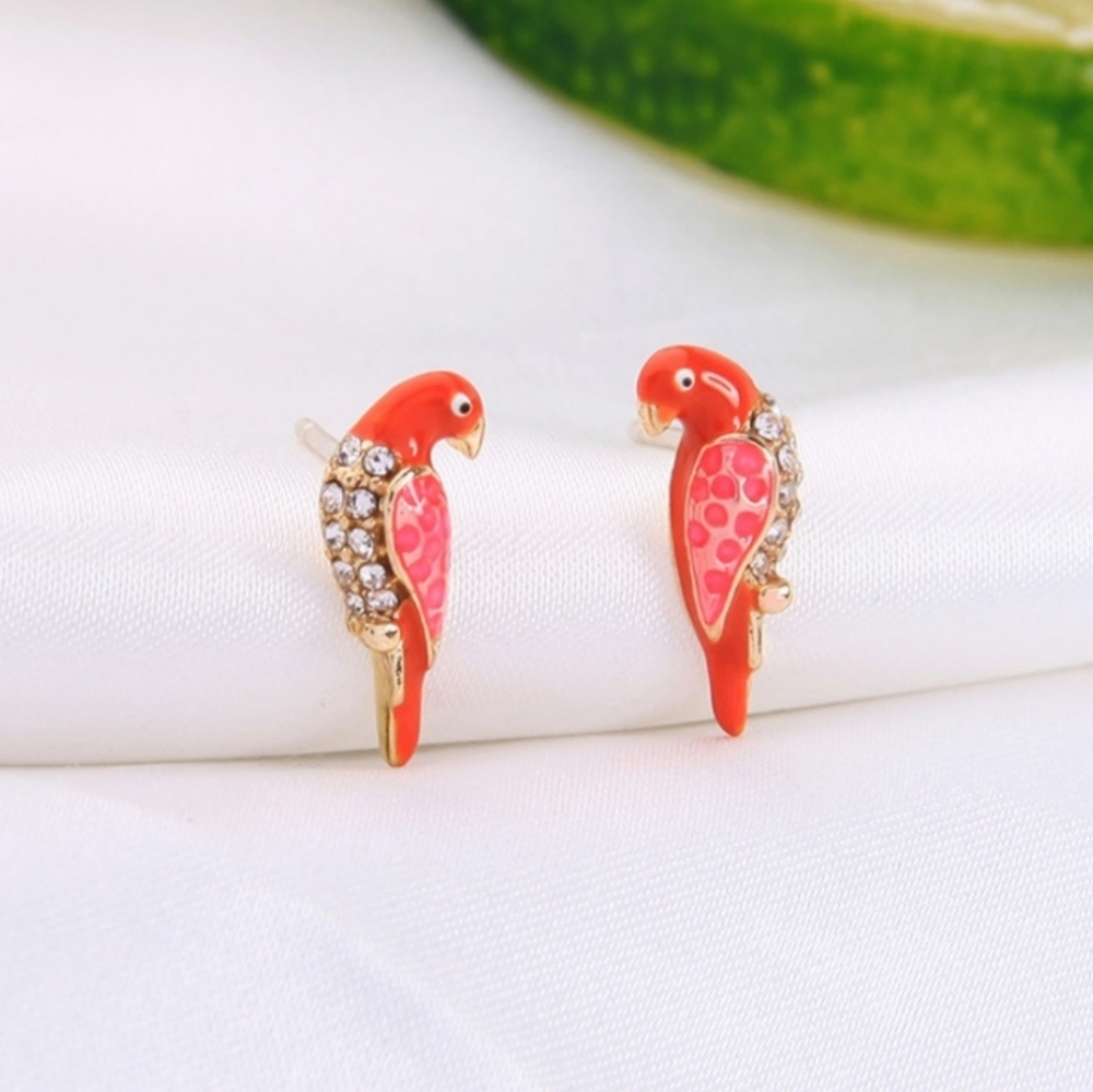 PINK PARROT CRYSTAL DECORATED STUD EARRINGS